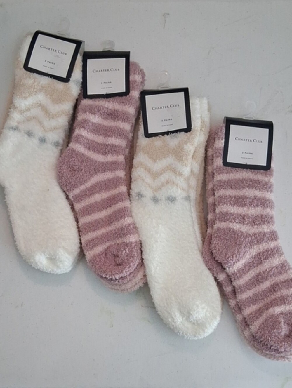 Charter Club Plush Cozy Women's Socks - Cream & Mauve Stripe (4 Pair Set)